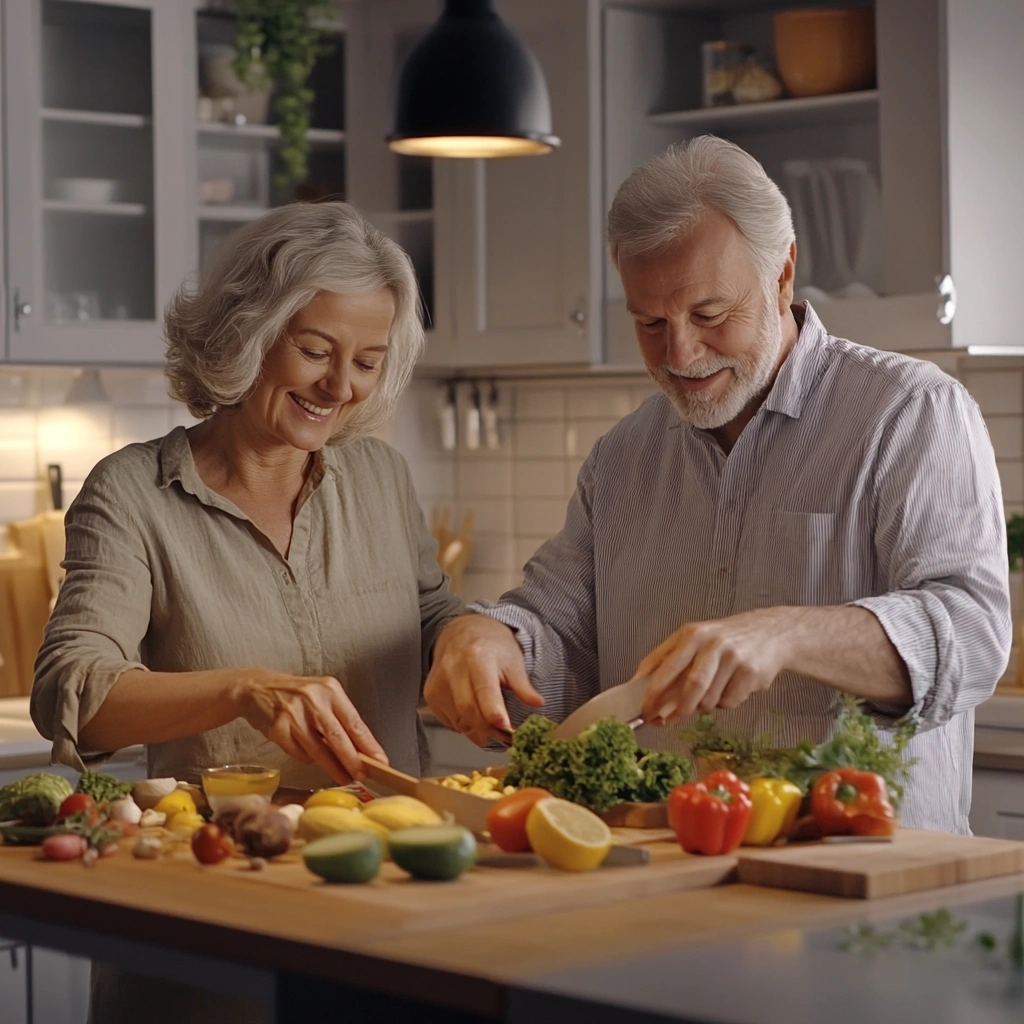 Щаслива літня пара готує здорову їжу разом на кухні